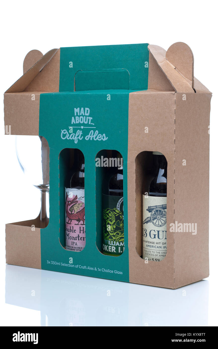 Mad About Craft Ales pack of three beers with glass Stock Photo