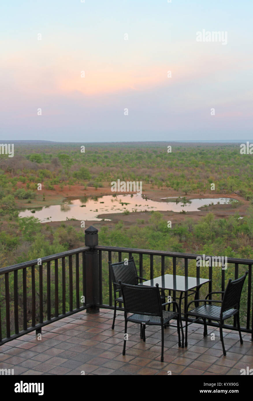 Terrace with furniture at Vic Falls Safari Lodge hotel, near Victoria Falls, Zimbabwe. Stock Photo