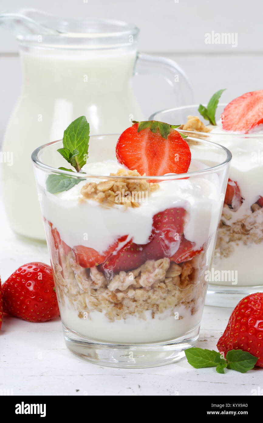 Strawberry yogurt yoghurt strawberries fruits portrait format breakfast food Stock Photo