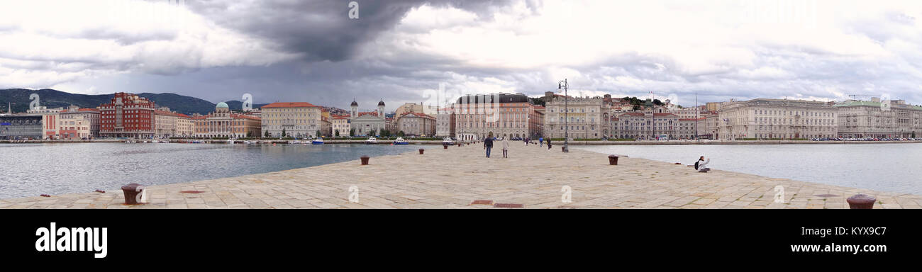 Cloudy day in Trieste. Panorama view of the historical buildings seen from Molo Audace. Stock Photo