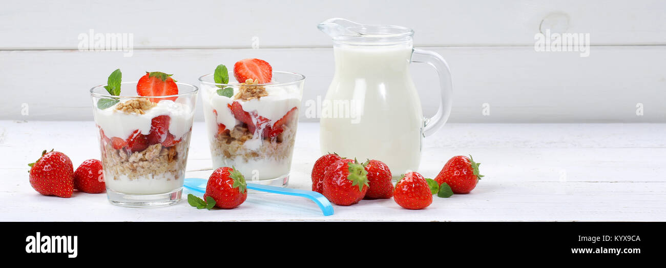 Strawberry yogurt yoghurt strawberries fruits banner breakfast food Stock Photo
