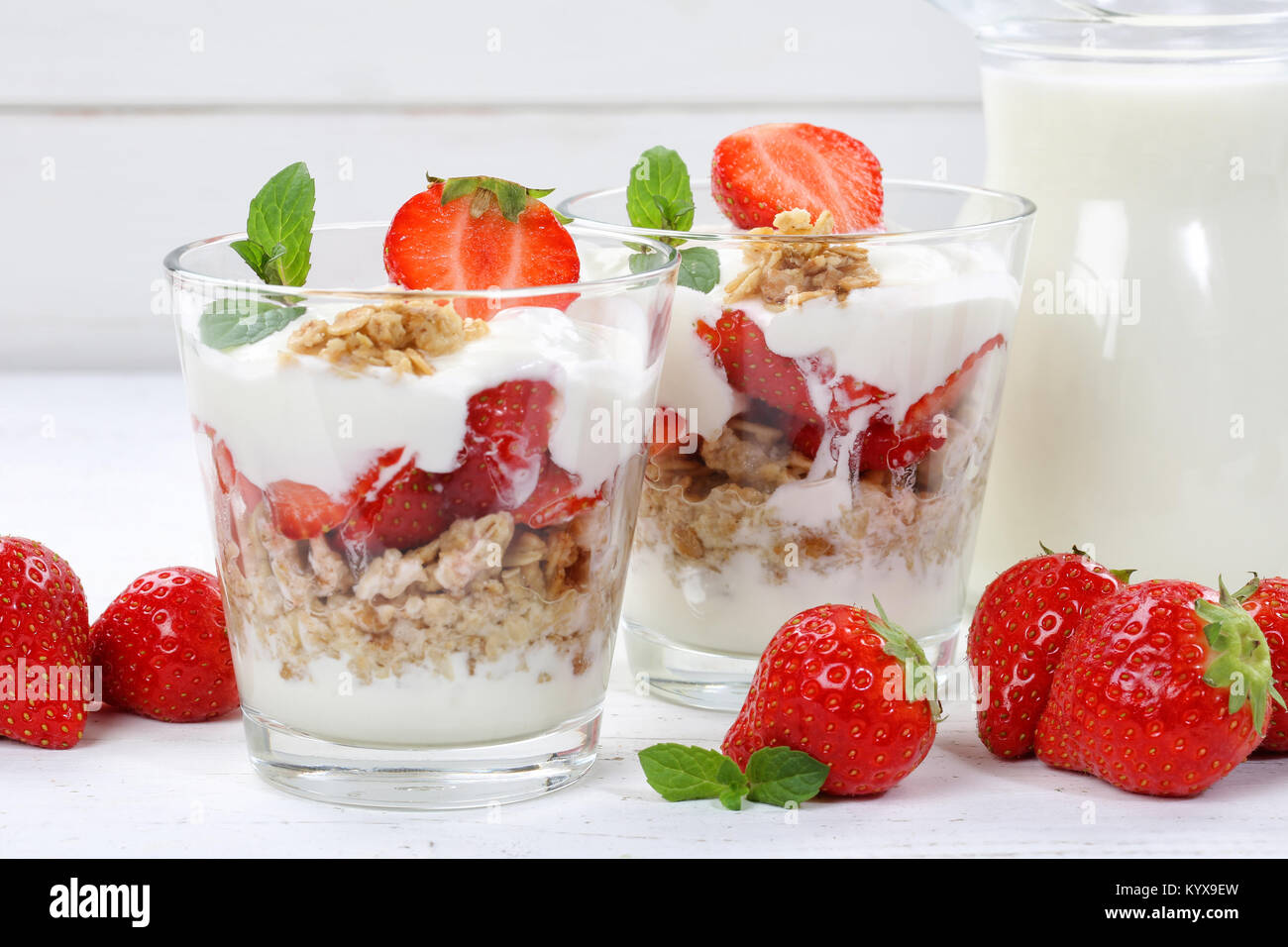 Strawberry yogurt yoghurt strawberries fruits breakfast food Stock Photo