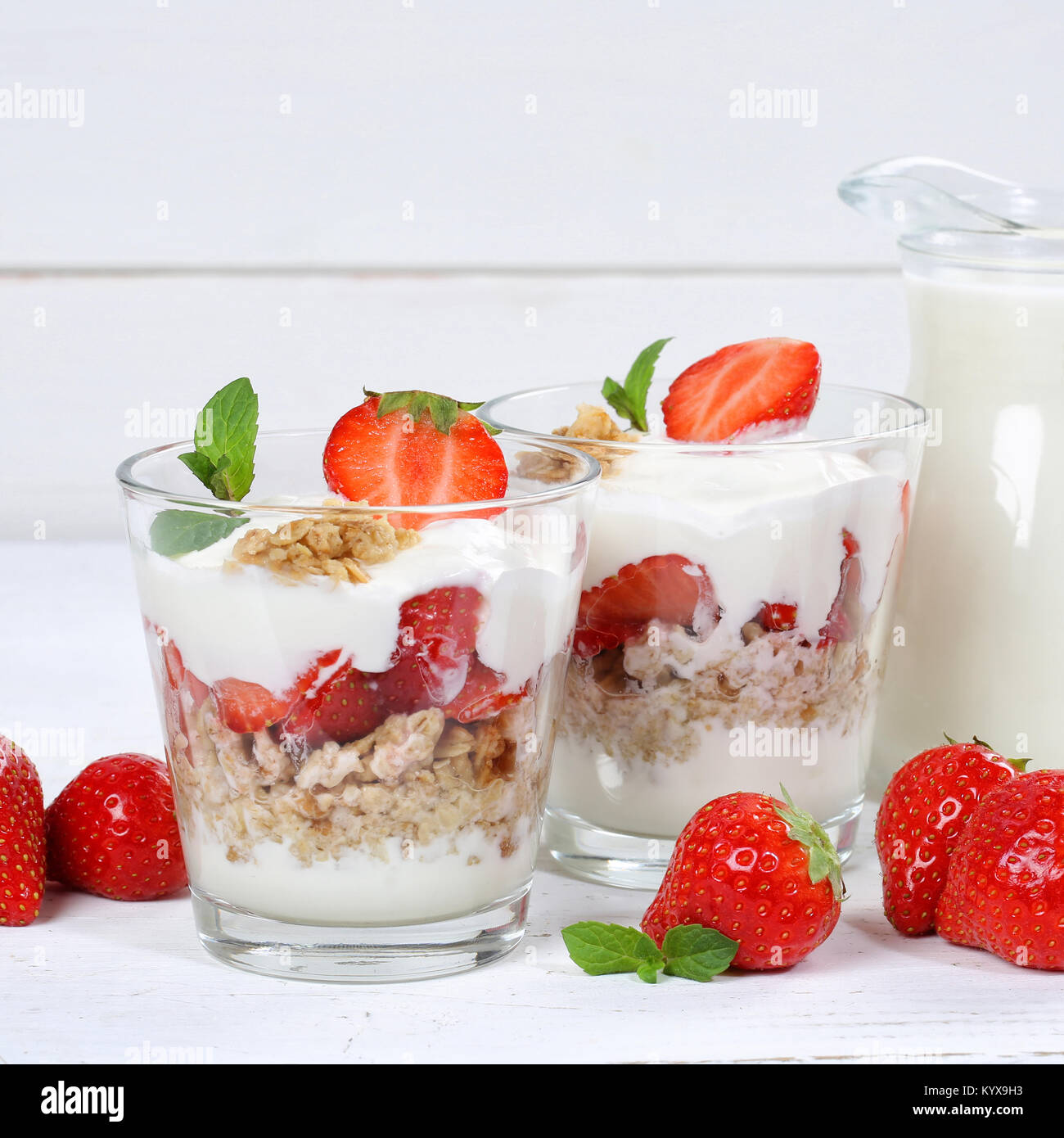 Strawberry yogurt yoghurt strawberries fruits square breakfast food Stock Photo