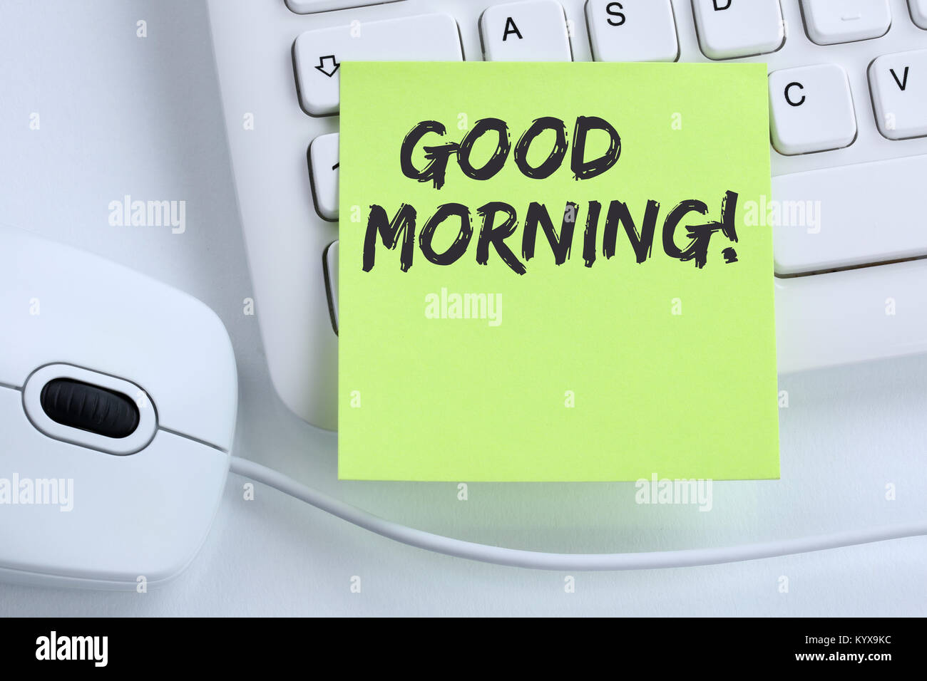 Good morning hello greeting welcome message business concept mouse computer keyboard Stock Photo