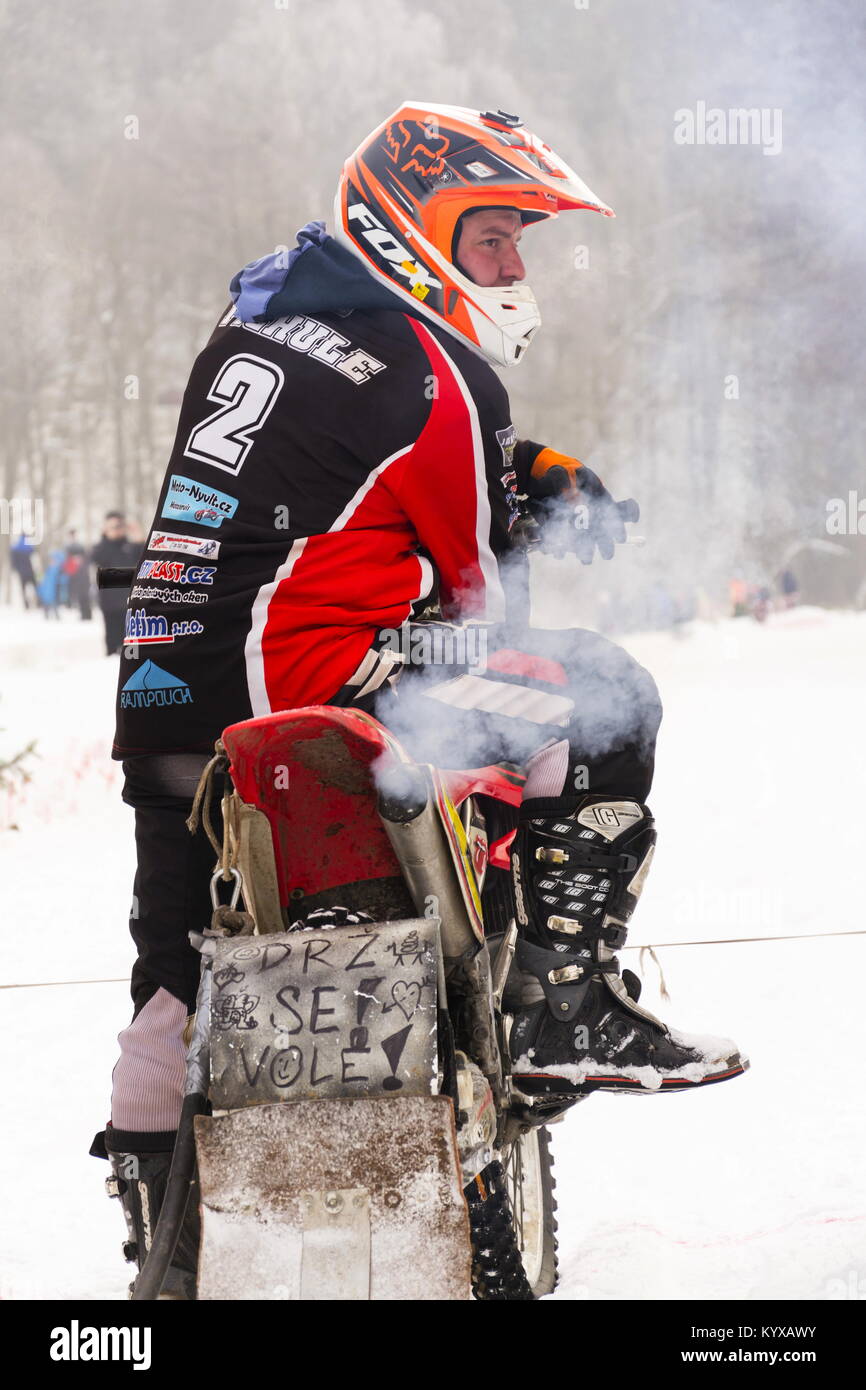 KLASTEREC NAD ORLICI, CZECH REPUBLIC - JANUARY 29: Motorcycle skijoring racers prepare for ride on January 29, 2017 in Klasterec nad Orlici. Stock Photo