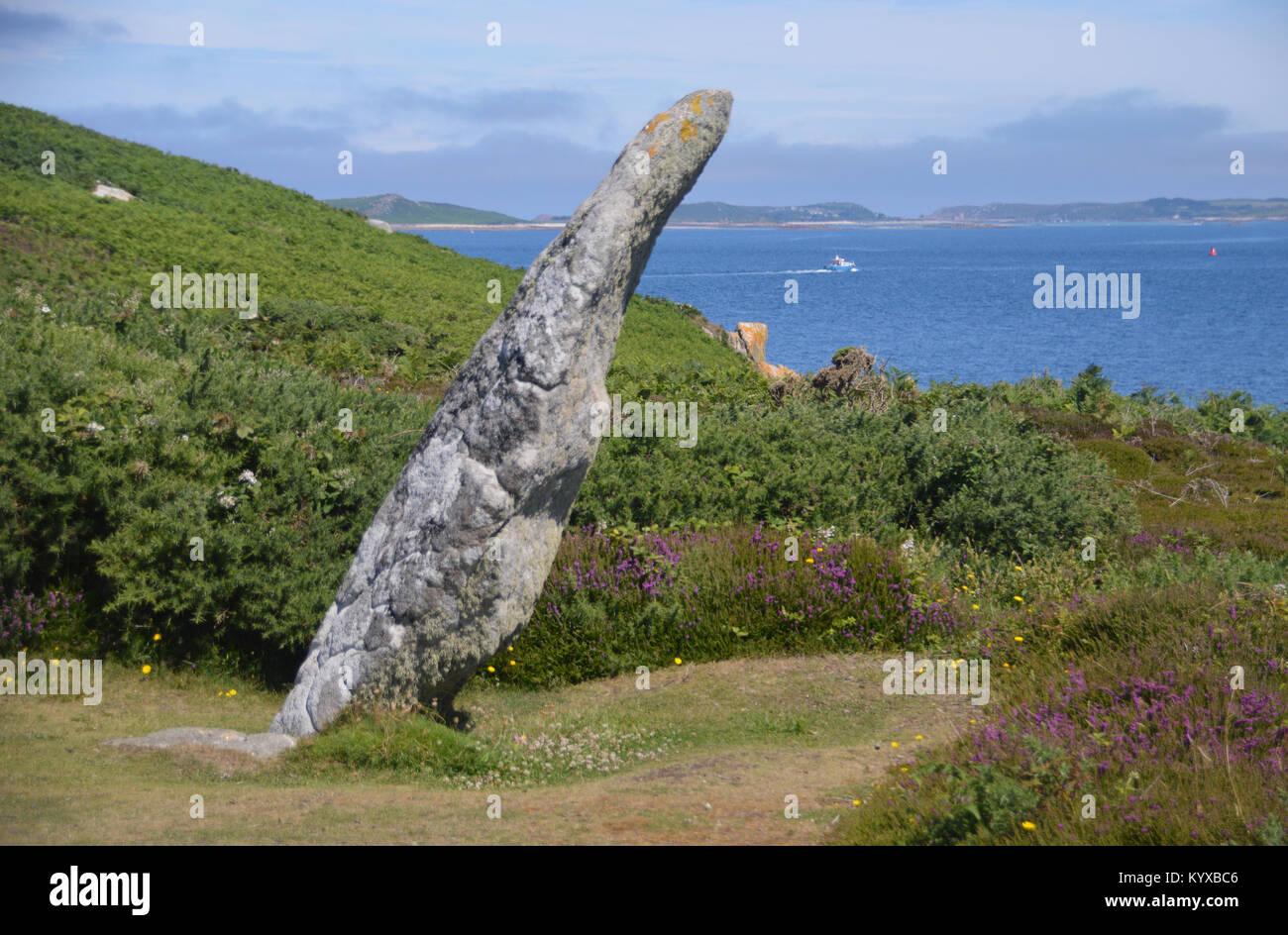 Old Man of Gugh a Bronze Age Standing Stone near Kitten Hill on the Island of Gugh, St Agnes, Isles of Scilly, England, Cornwall, United Kingdom. Stock Photo