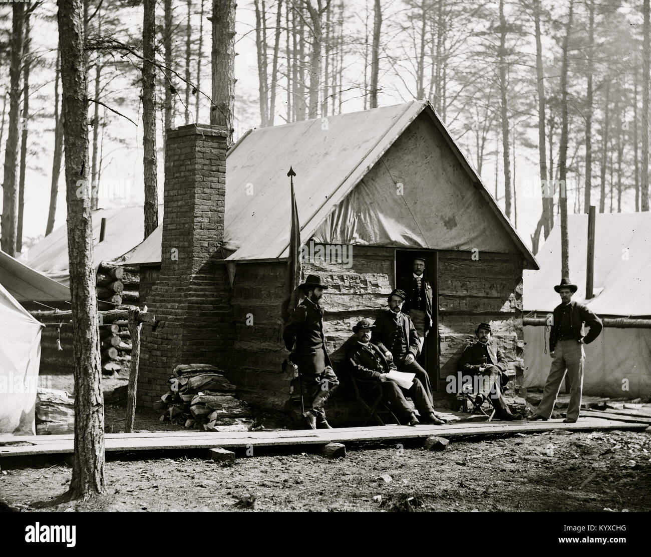 Brandy Station, Va. Officers in front of winter quarters at Army of the Potomac headquarters Stock Photo