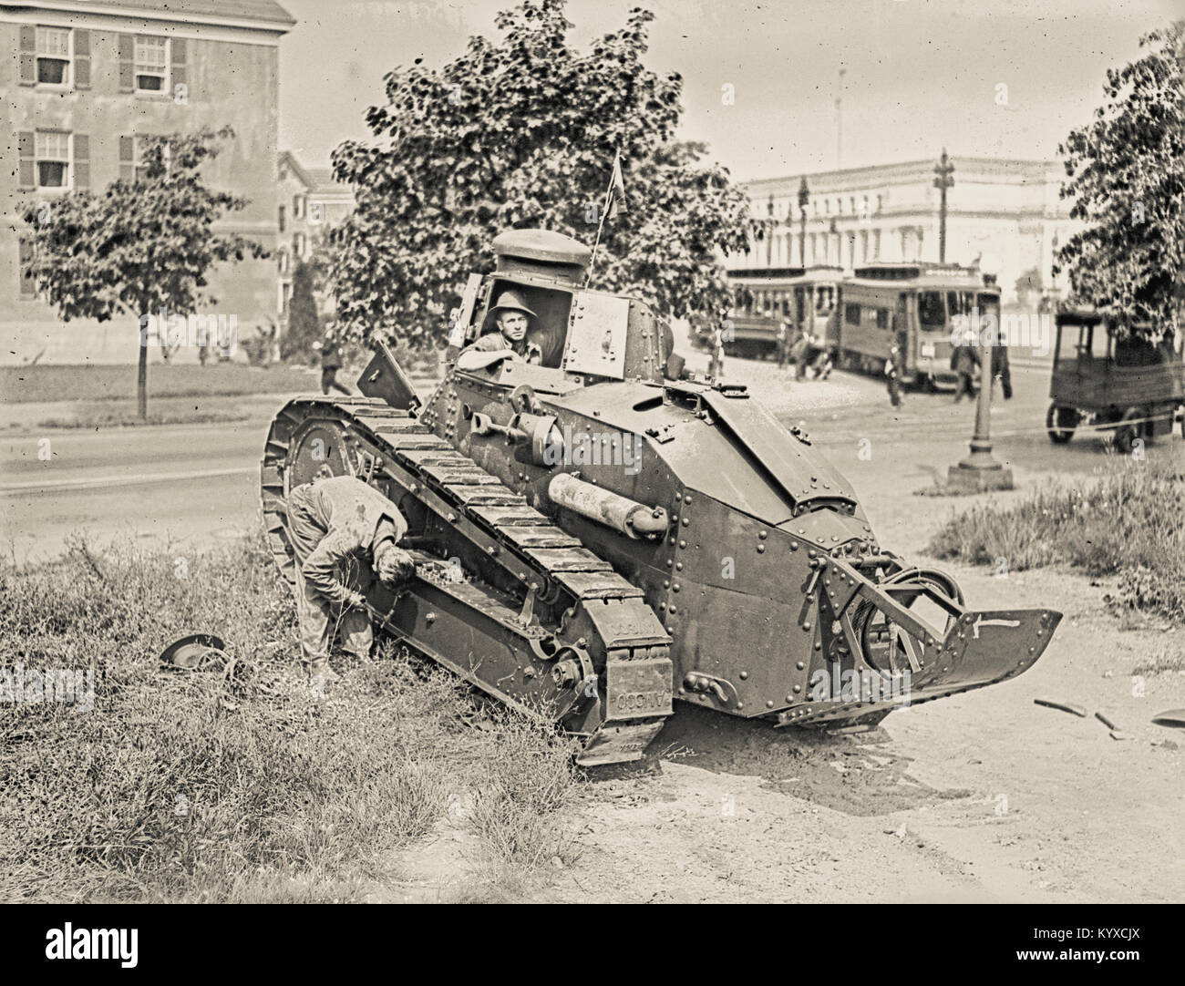 Allied tank is tested in Washington DC, before being deployed to the World War One battlefields. Stock Photo