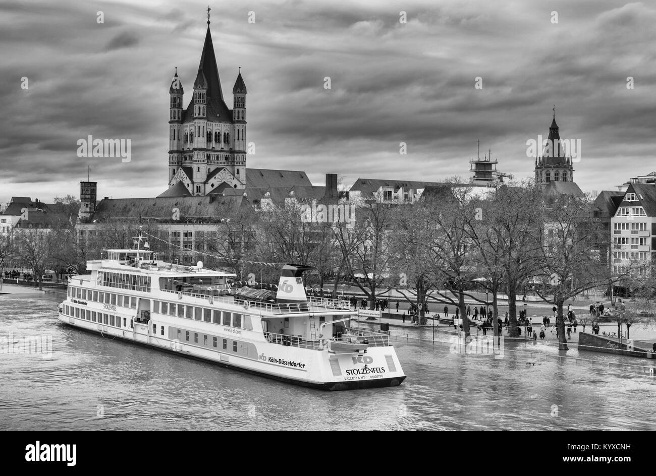 Flood on Rhine river, Cologne, Germany Stock Photo