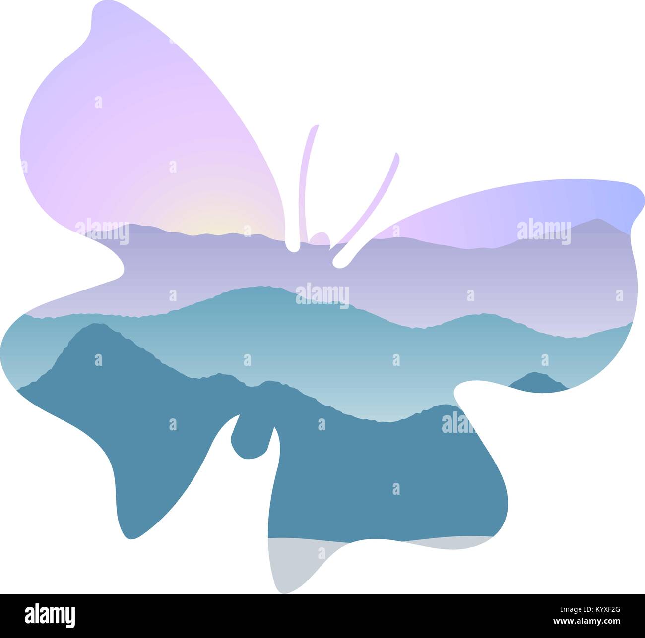 Landscape with mountains, mist and forest at sunrise. Double exposure, panoramic view, butterfly shape Stock Vector