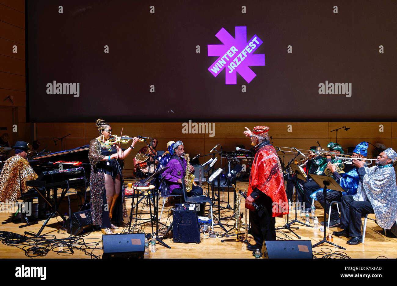 New York, NY - January 13, 2018: Sun Ra Arkestra performs live score to film Space Is The Place at New School Tishman Auditorium Stock Photo
