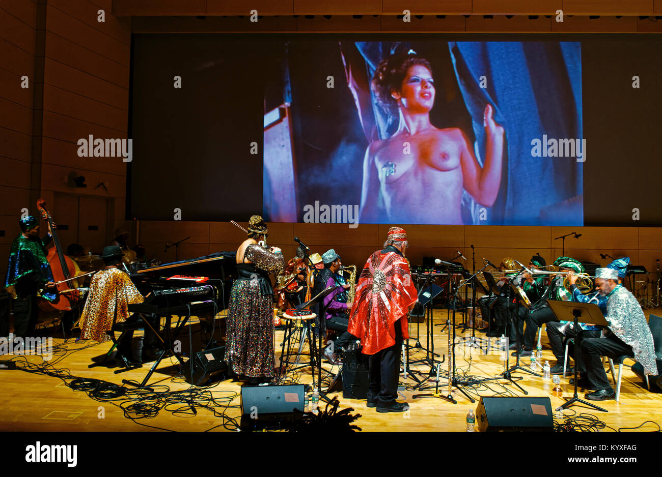 New York, NY - January 13, 2018: Sun Ra Arkestra performs live score to film Space Is The Place at New School Tishman Auditorium Stock Photo