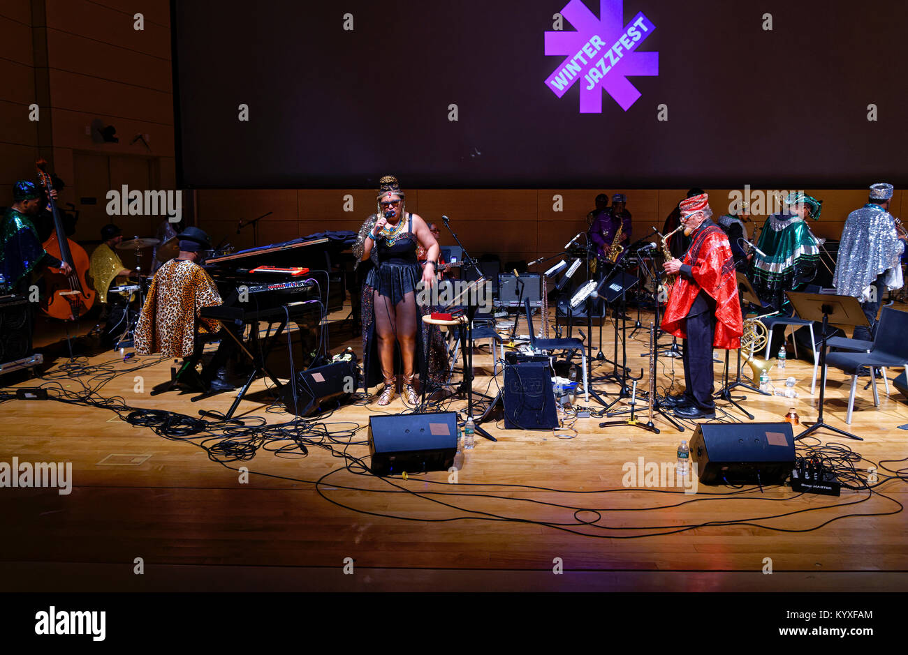 New York, NY - January 13, 2018: Sun Ra Arkestra performs live score to film Space Is The Place at New School Tishman Auditorium Stock Photo