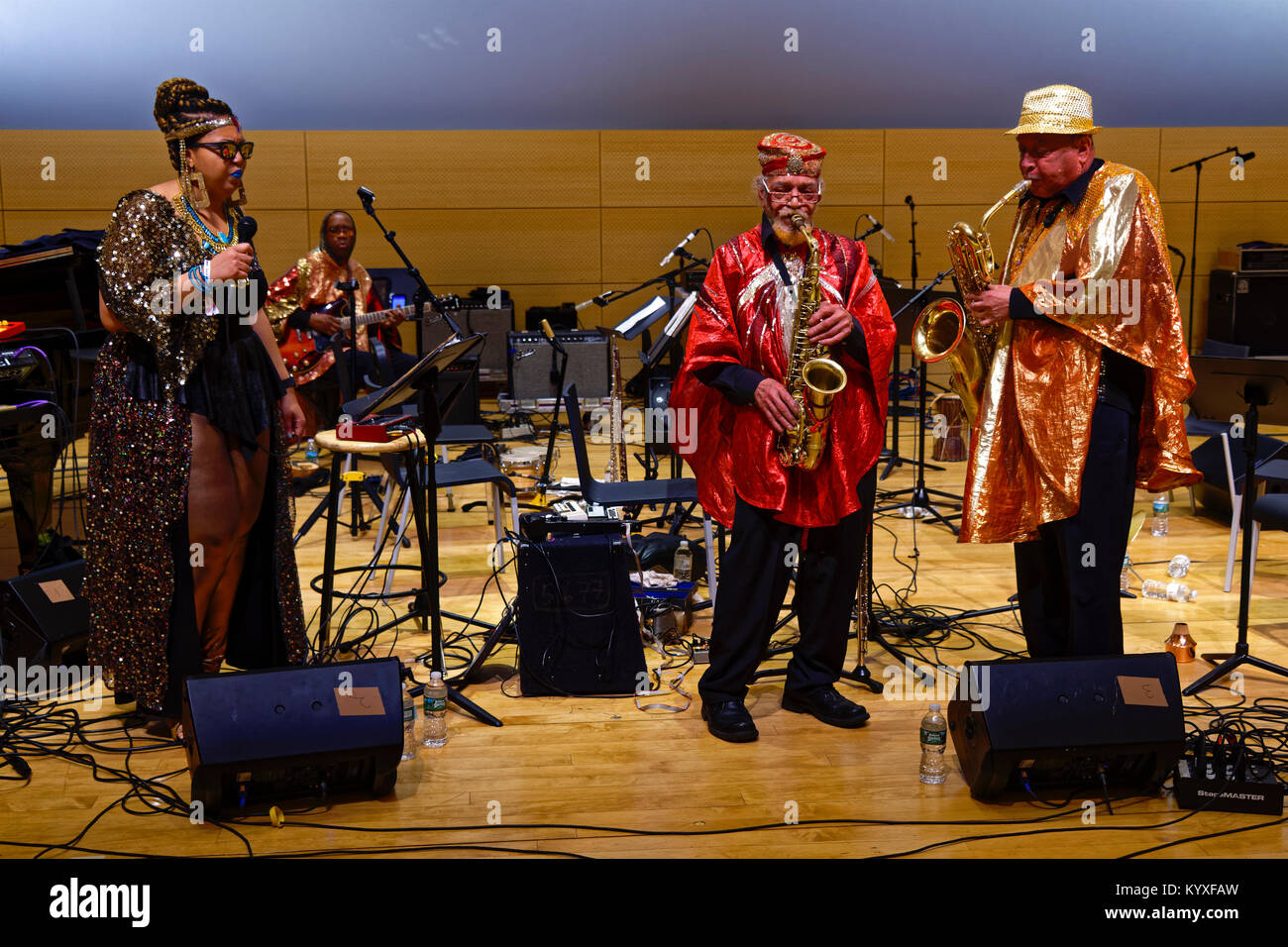 New York, NY - January 13, 2018: Sun Ra Arkestra performs live score to film Space Is The Place at New School Tishman Auditorium Stock Photo