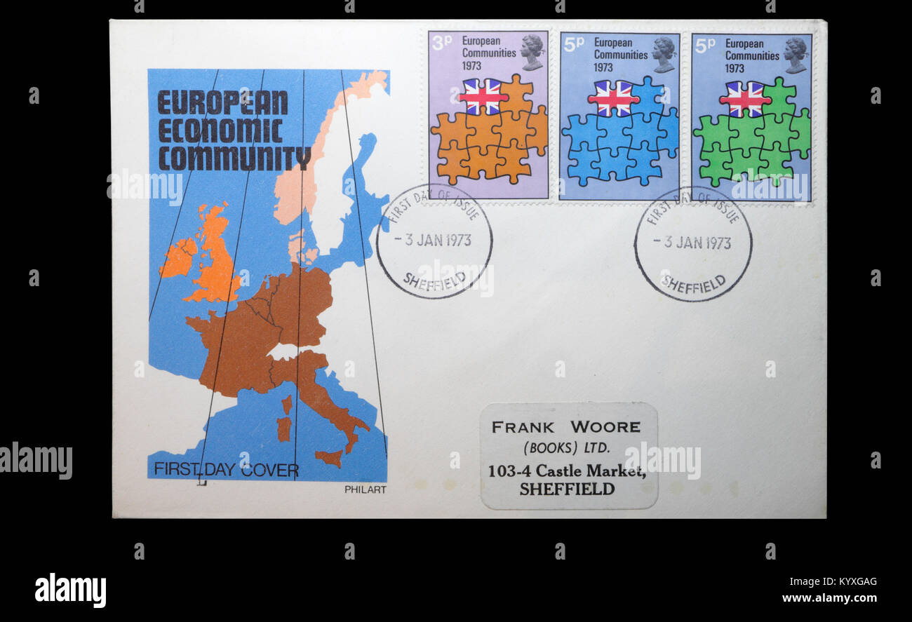Commemorative stamps Britain joining the european economic community EEC, Postage stamps, stamp collecting. Queen Elizabeth II Stock Photo