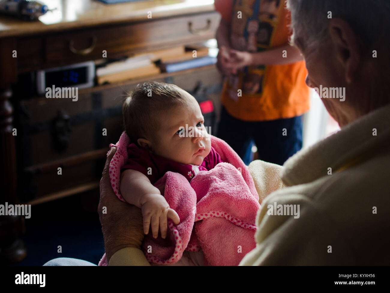 A grandfather holds his two month old granddaughter in a pink blanket. Stock Photo