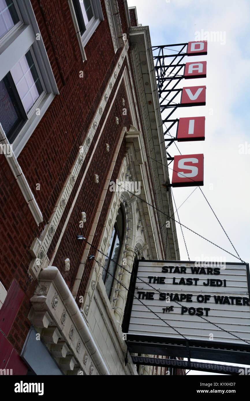 The Davis, a small neighborhood movie theater in Chicago's Lincoln Square, shows titles on the marquee from some of the biggest movies of 2017 Stock Photo