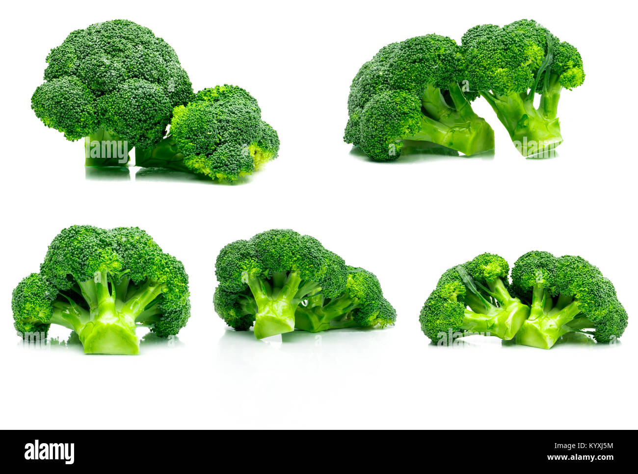 Set of green broccoli (Brassica oleracea). Vegetables natural source of betacarotene, vitamin c, vitamin k, fiber food, folate. Fresh broccoli cabbage Stock Photo