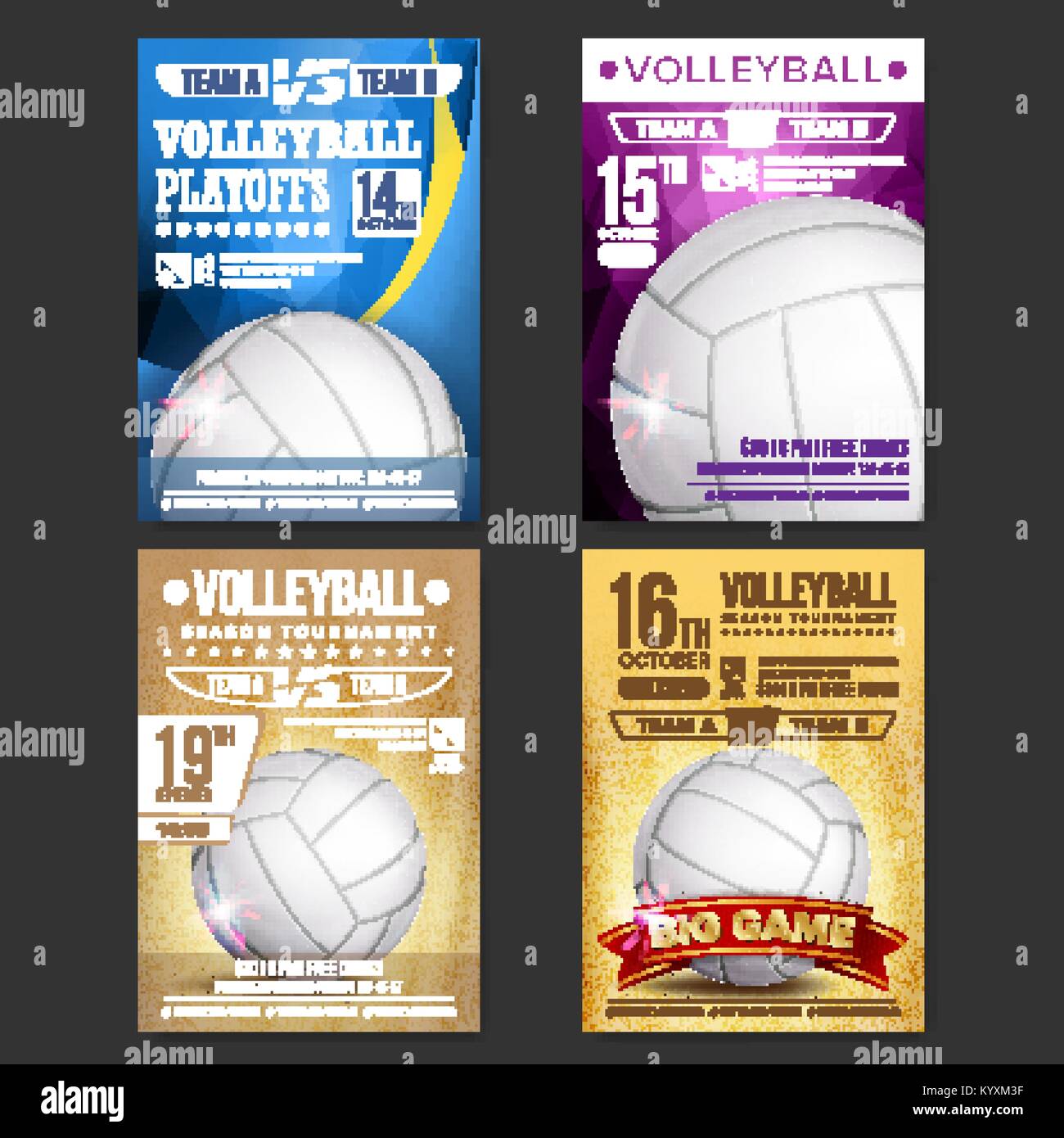 Volleyball Poster Set Vector. Design For Sport Bar Promotion. Volleyball Ball. Vertical Modern Tournament. Sport Event Announcement. Banner Advertising. Template Illustration Stock Vector