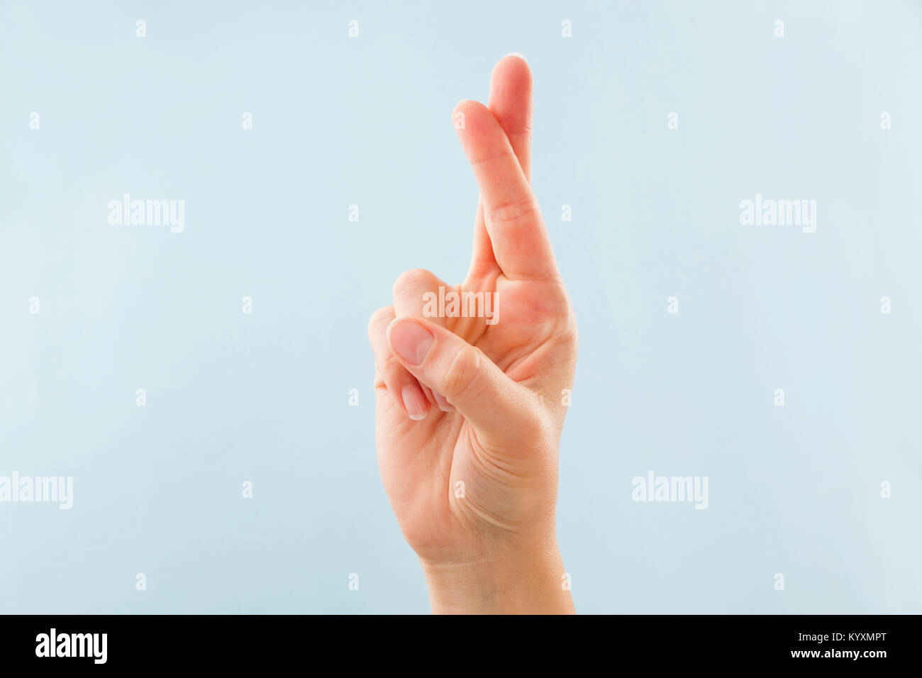American sign language. Female hand showing letter R isolated on blue ...