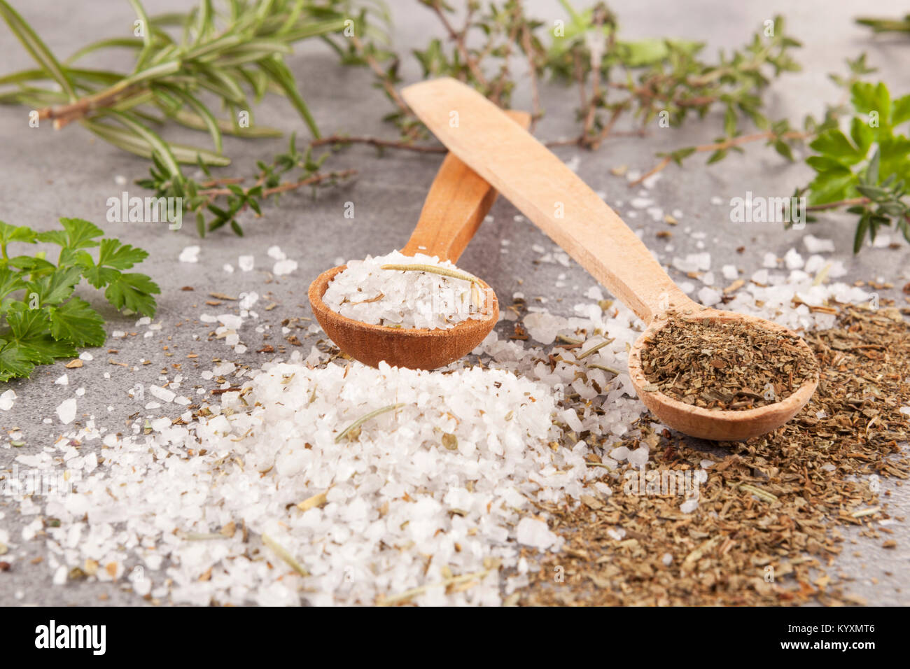 Sea salt scented provance herb on grey background. Healthy eating. Stock Photo