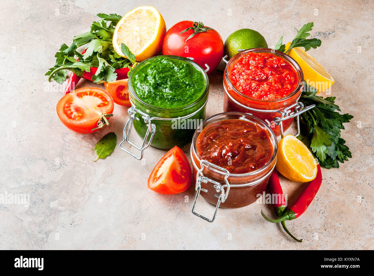 Indian traditional food, Set of three chutney for Chaat and Sev Puri sweet datetamarind