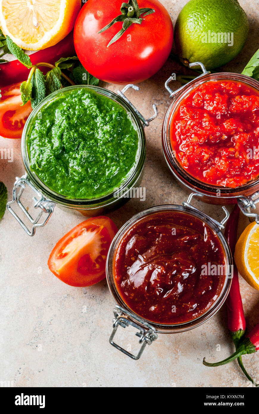Indian traditional food, Set of three chutney for Chaat and Sev Puri sweet datetamarind
