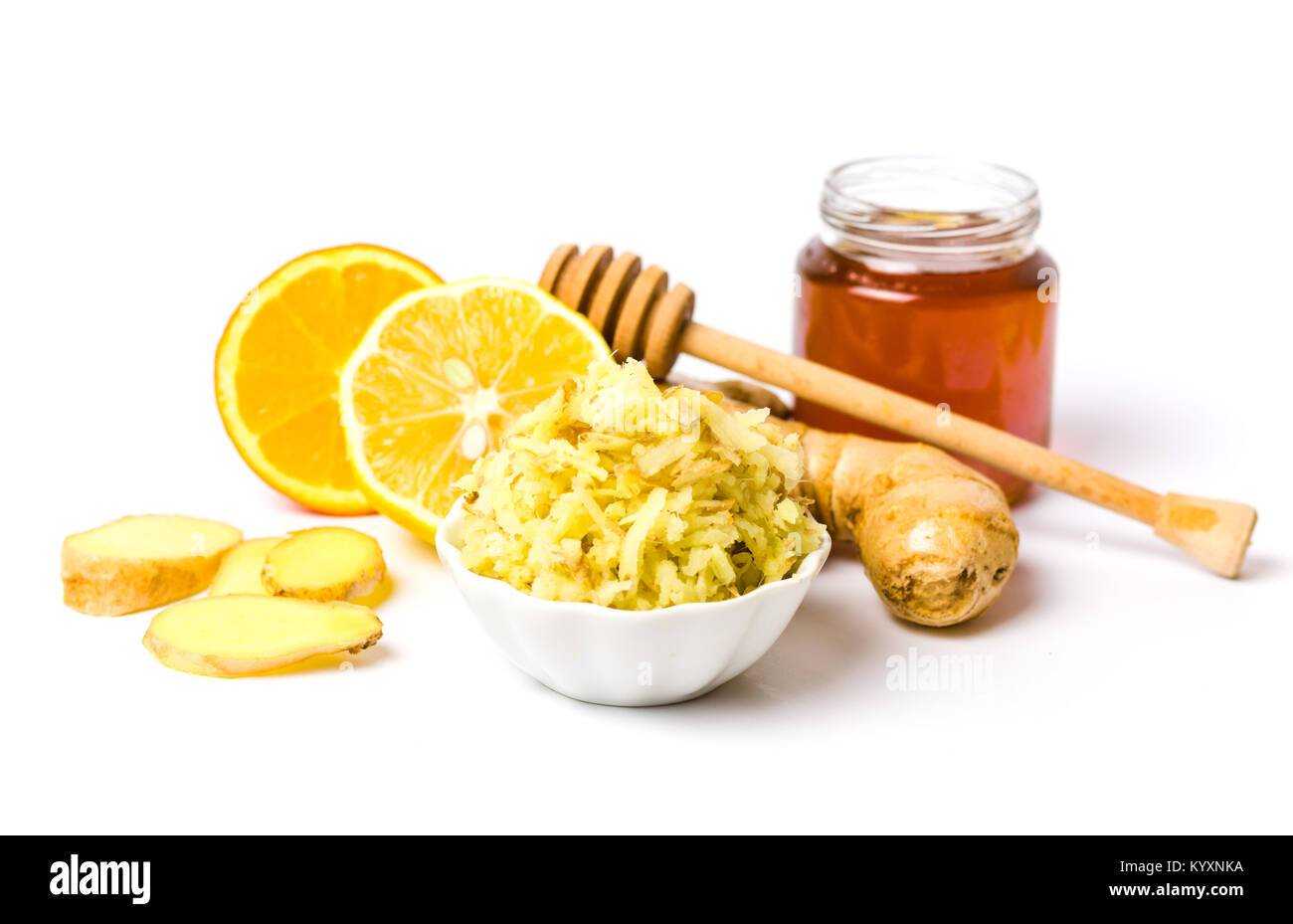 Jar of honey and orange, honey dessert isolated on white background