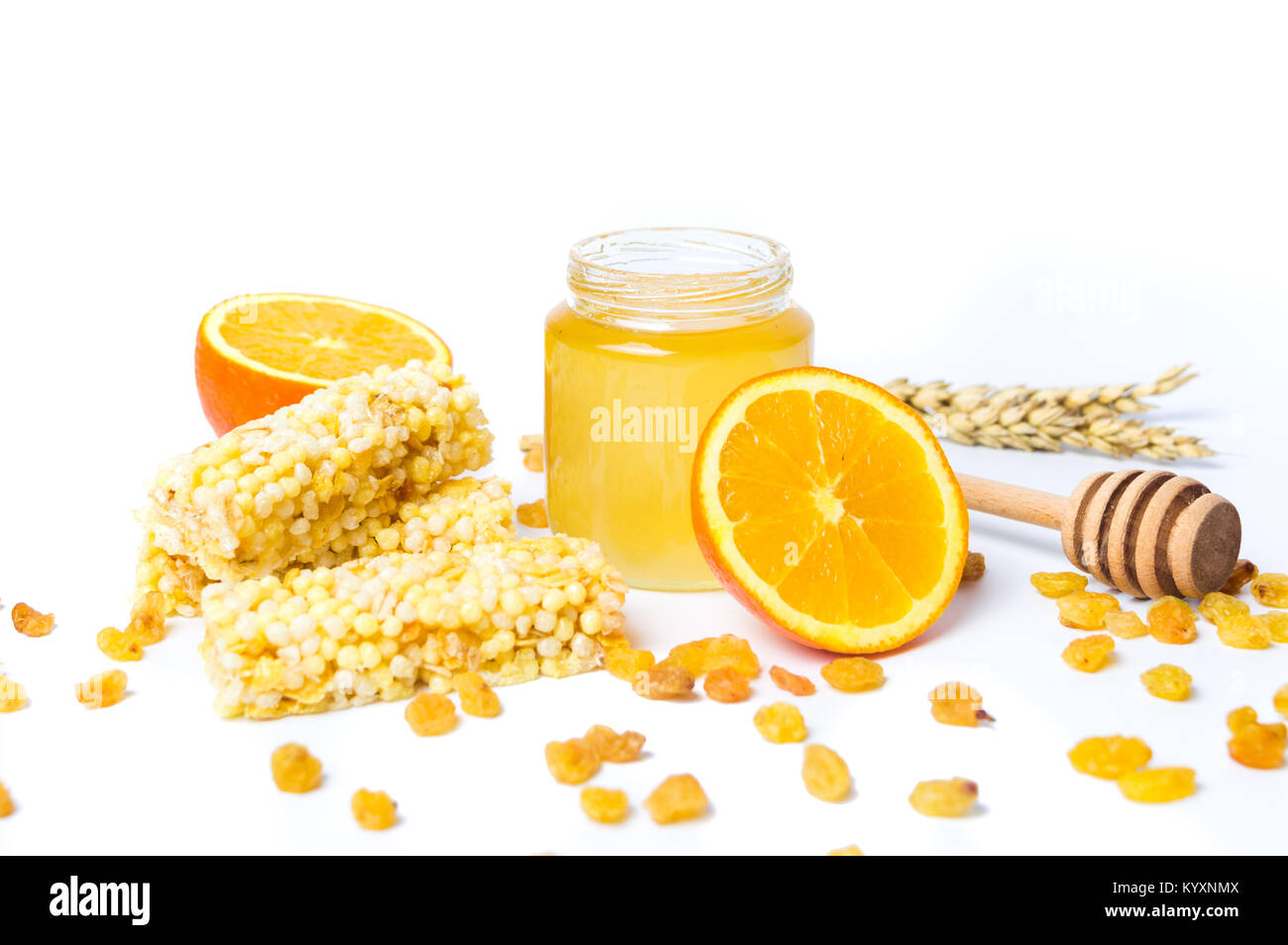 Jar of honey and orange, honey dessert isolated on white background
