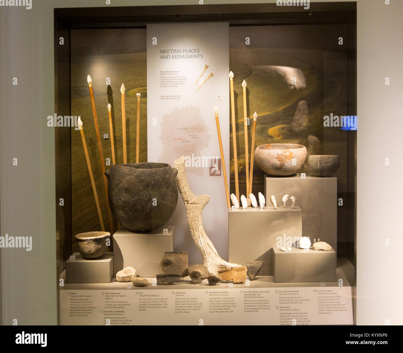 Display of objects found deposited at Neolithic meeting places and monuments in Wiltshire.  With permission of Wiltshire Museum, Devizes, England, UK Stock Photo