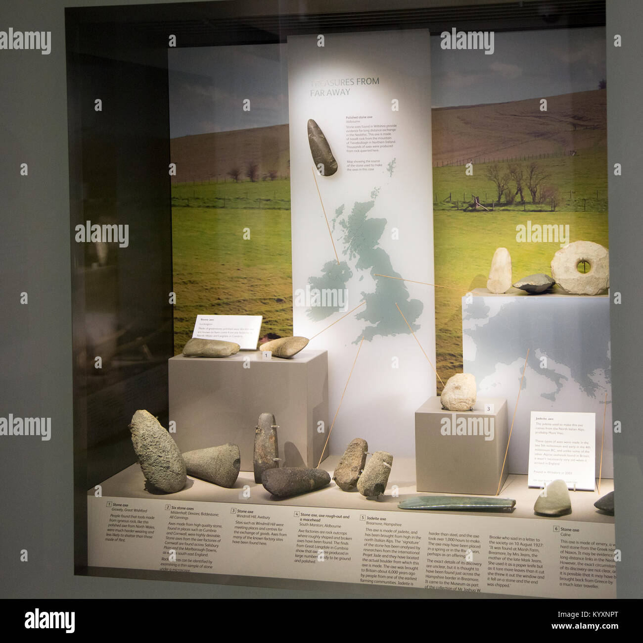 Display of Neolithic trade items, including stone and jadeite axes. With permission of Wiltshire Museum, Devizes, England, UK Stock Photo