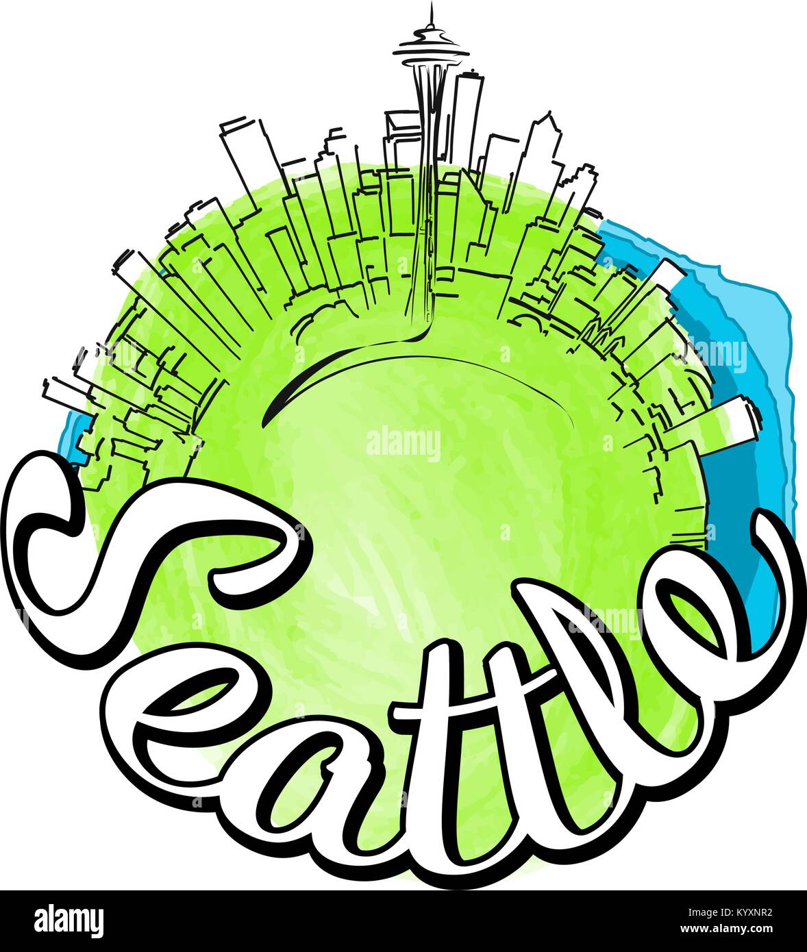 Seattle travel logo sketch. Colored skyline vector illustration with watercolor background and typo. Stock Vector