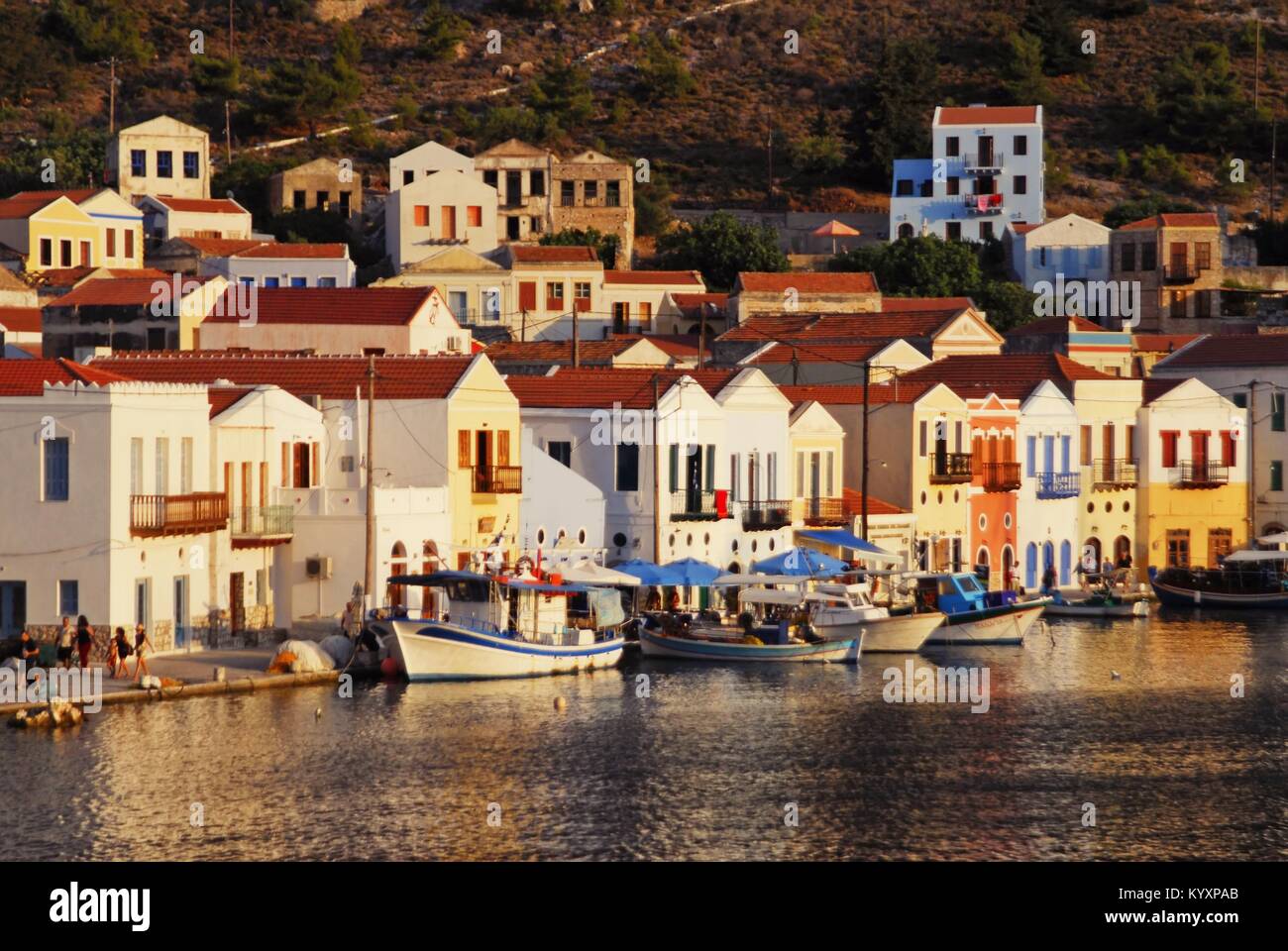 View of the harbour of the town of Kastelorizo, Kastelorizo island, Dodecanese islands, Greece. Stock Photo