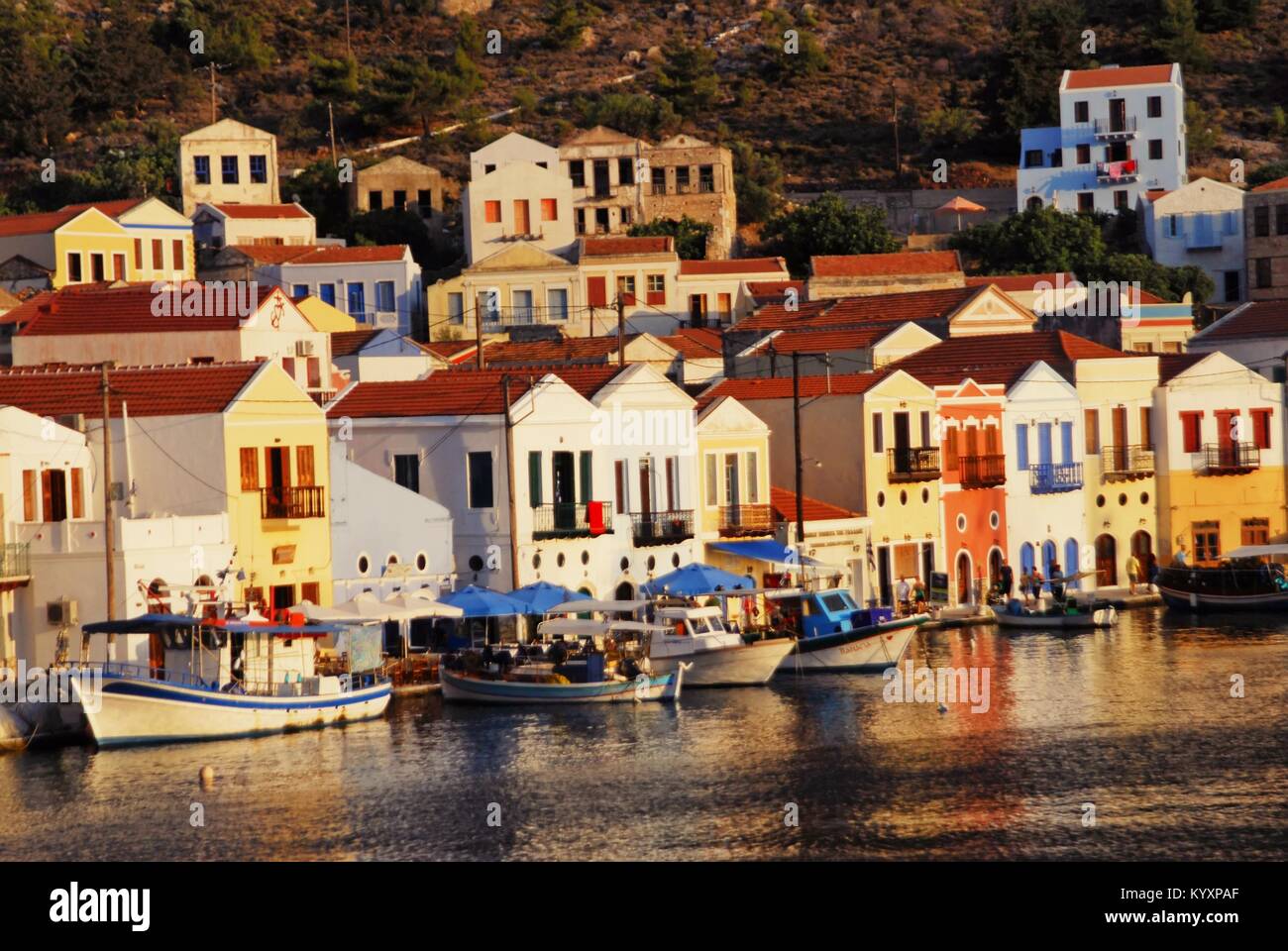 View of the harbour of the town of Kastelorizo, Kastelorizo island, Dodecanese islands, Greece. Stock Photo