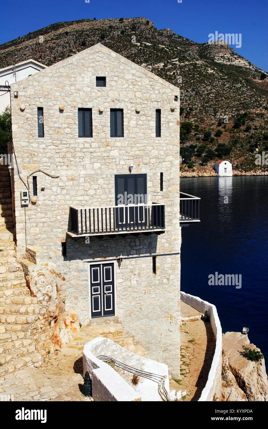 Traditional house by the harbour of the town of Kastellorizo, Kastellorizo island, Dodecanese islands, Greece Stock Photo