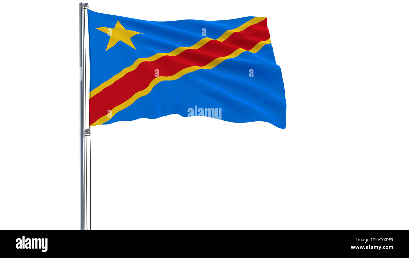 Isolate flag of Democratic Republic of the Congo on a flagpole fluttering in the wind on a white background, 3d rendering Stock Photo