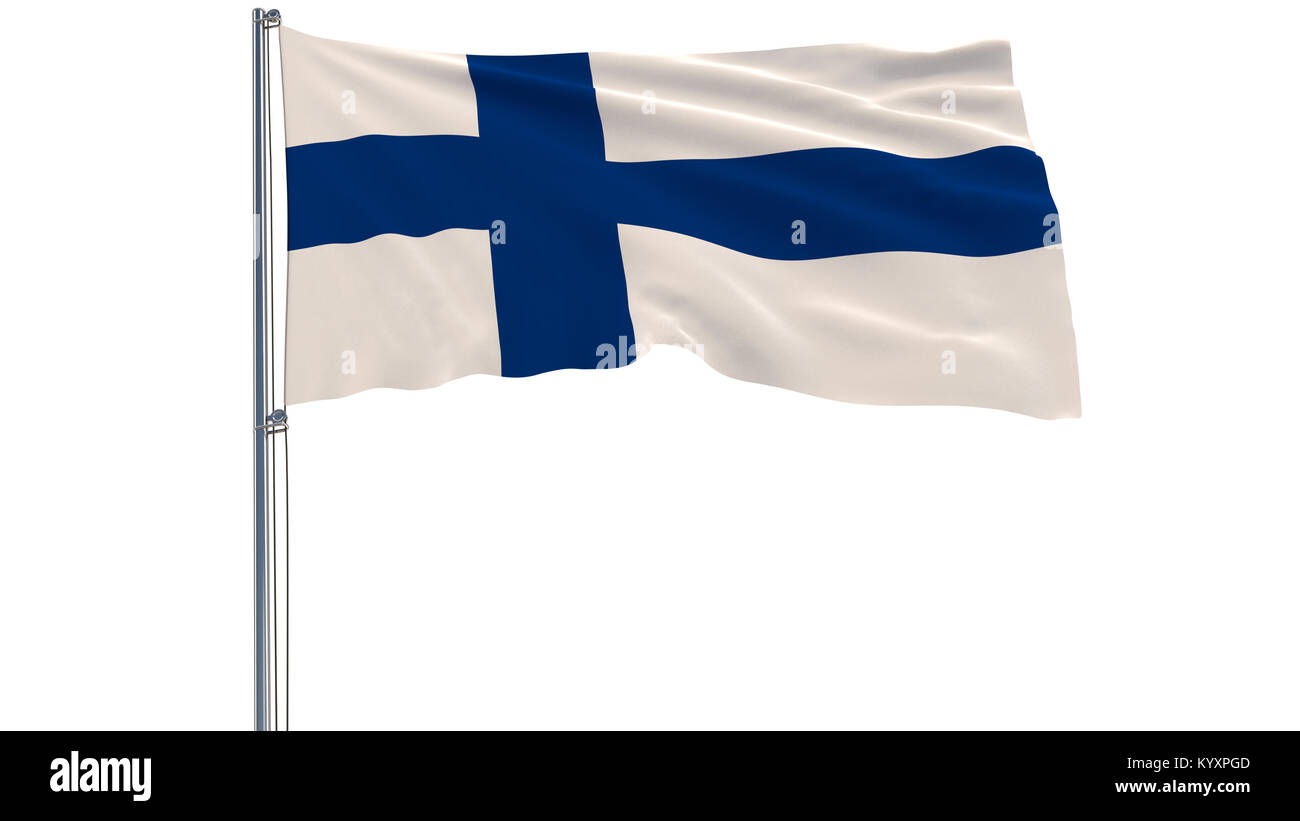 Isolate flag of Finland on a flagpole fluttering in the wind on a white background, 3d rendering Stock Photo