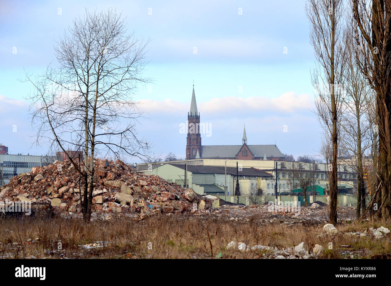 The church & ruined ironworks in Siemianowice, Upper Silesia, Southern Poland Stock Photo