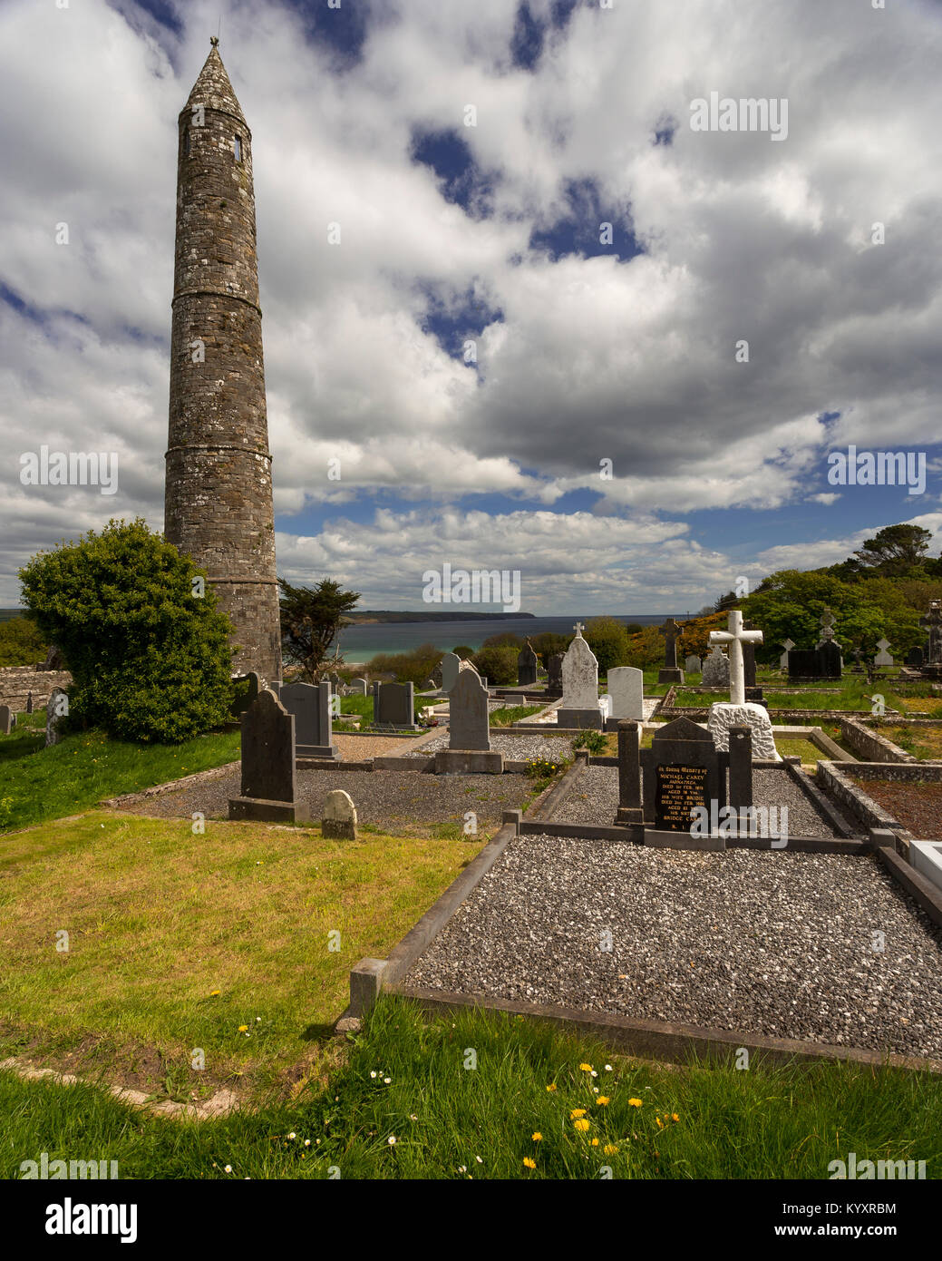 The historical round tower at Ardmore on the south coast of Ireland Stock Photo