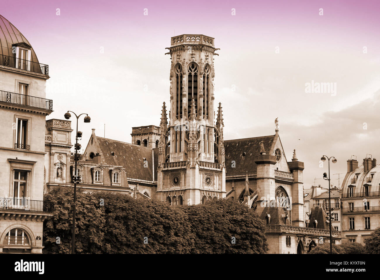 Paris cityscape in sepia with Saint-Germain de l'Auxerrois church. Stock Photo