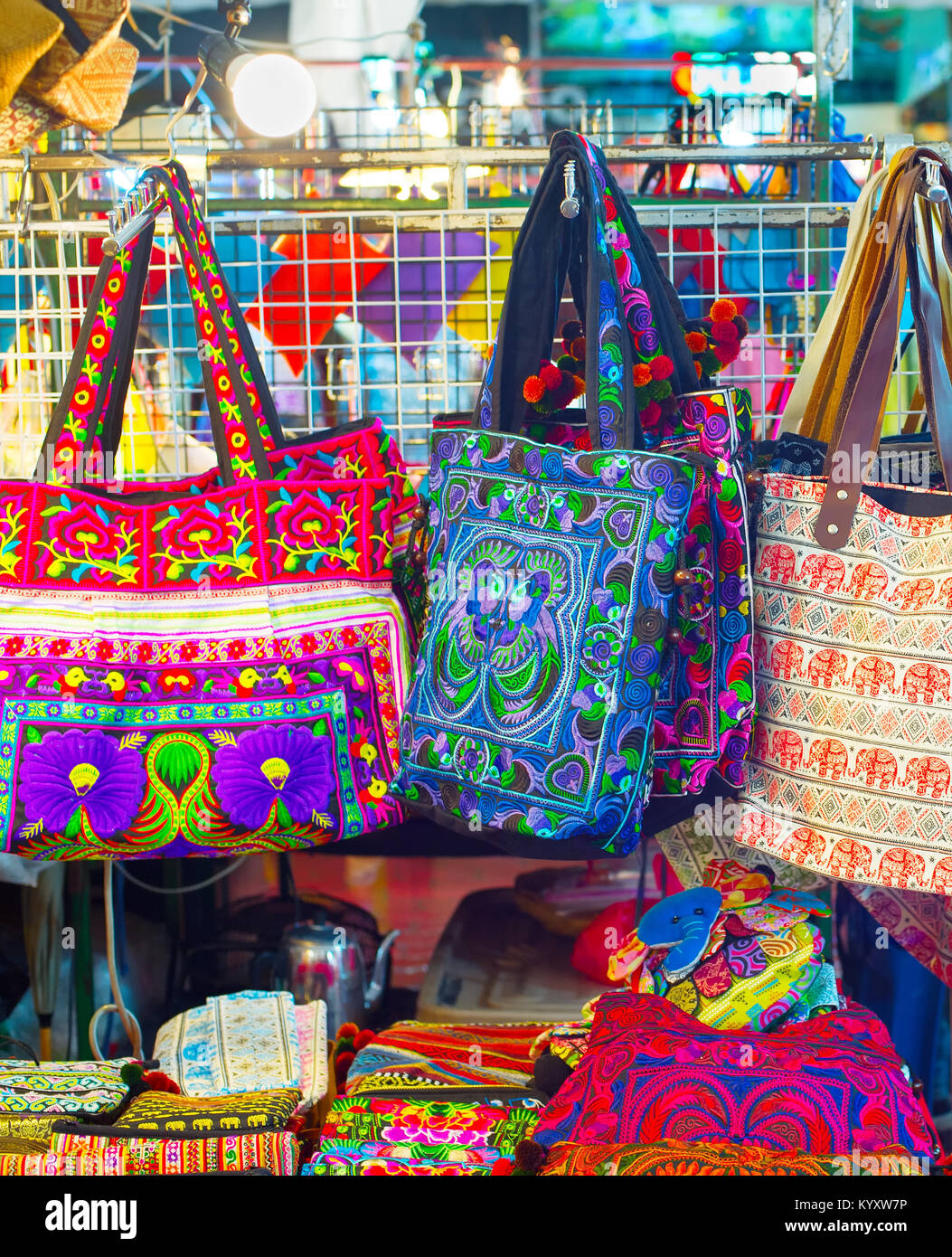 Bags and souvenirs for sell at night market. Chiang Mai, Thailand Stock