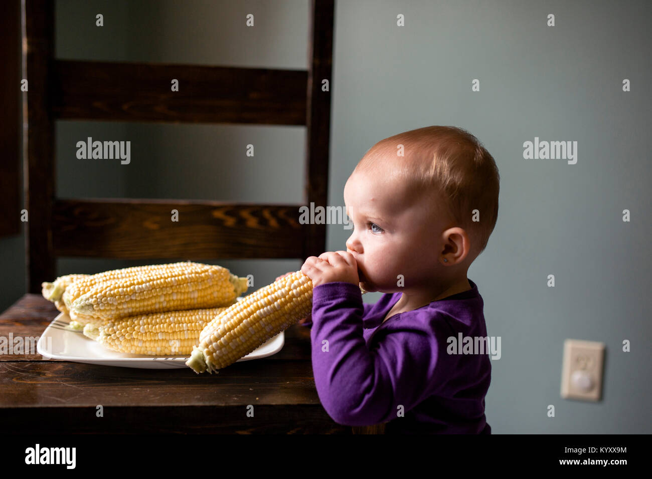 Side view of cute baby girl eating raw corns at home Stock Photo