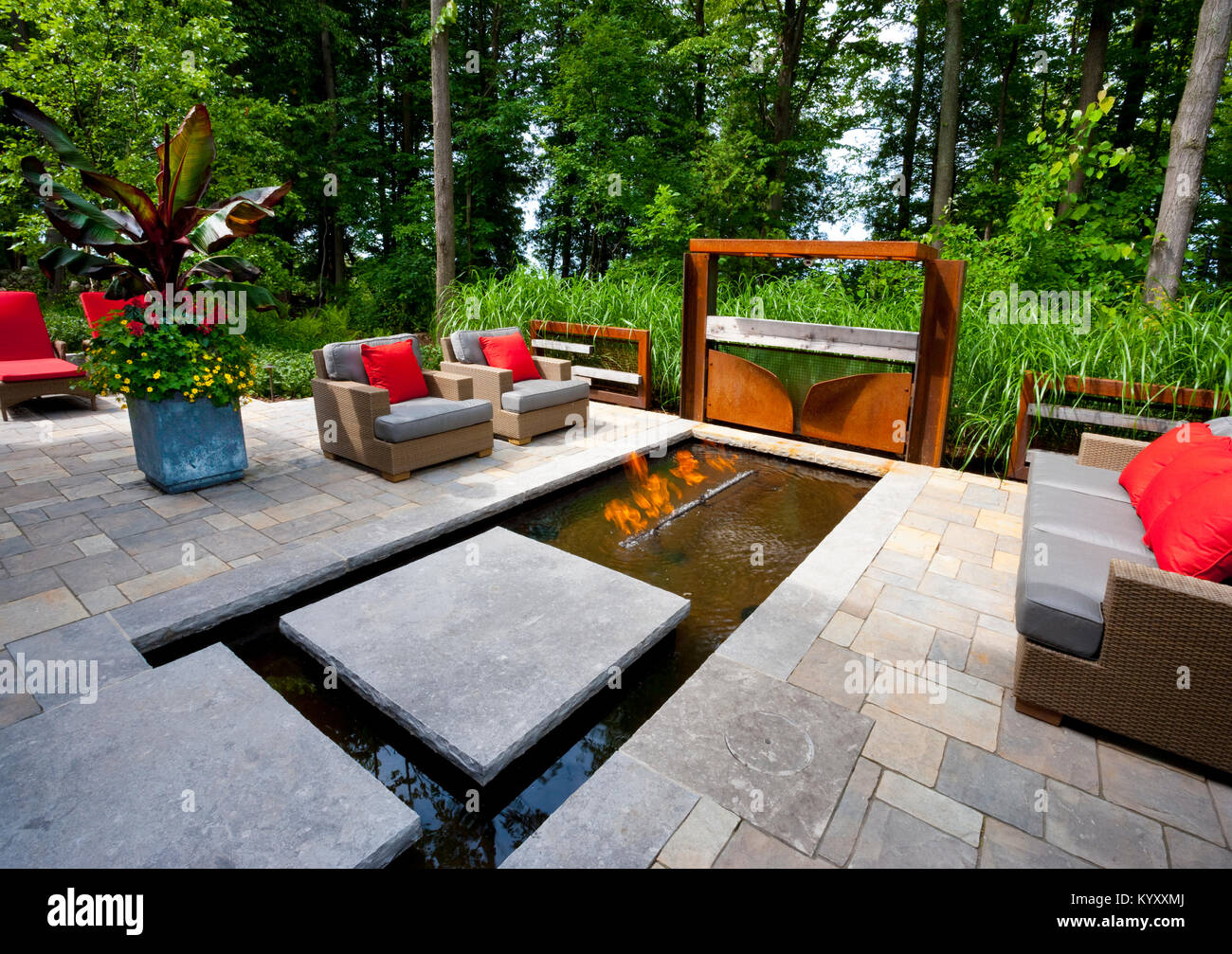 modern patio with gas fire in water Stock Photo