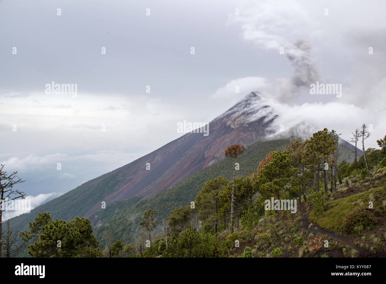 Scenic view of volcano at Acatenango against cloudy sky Stock Photo