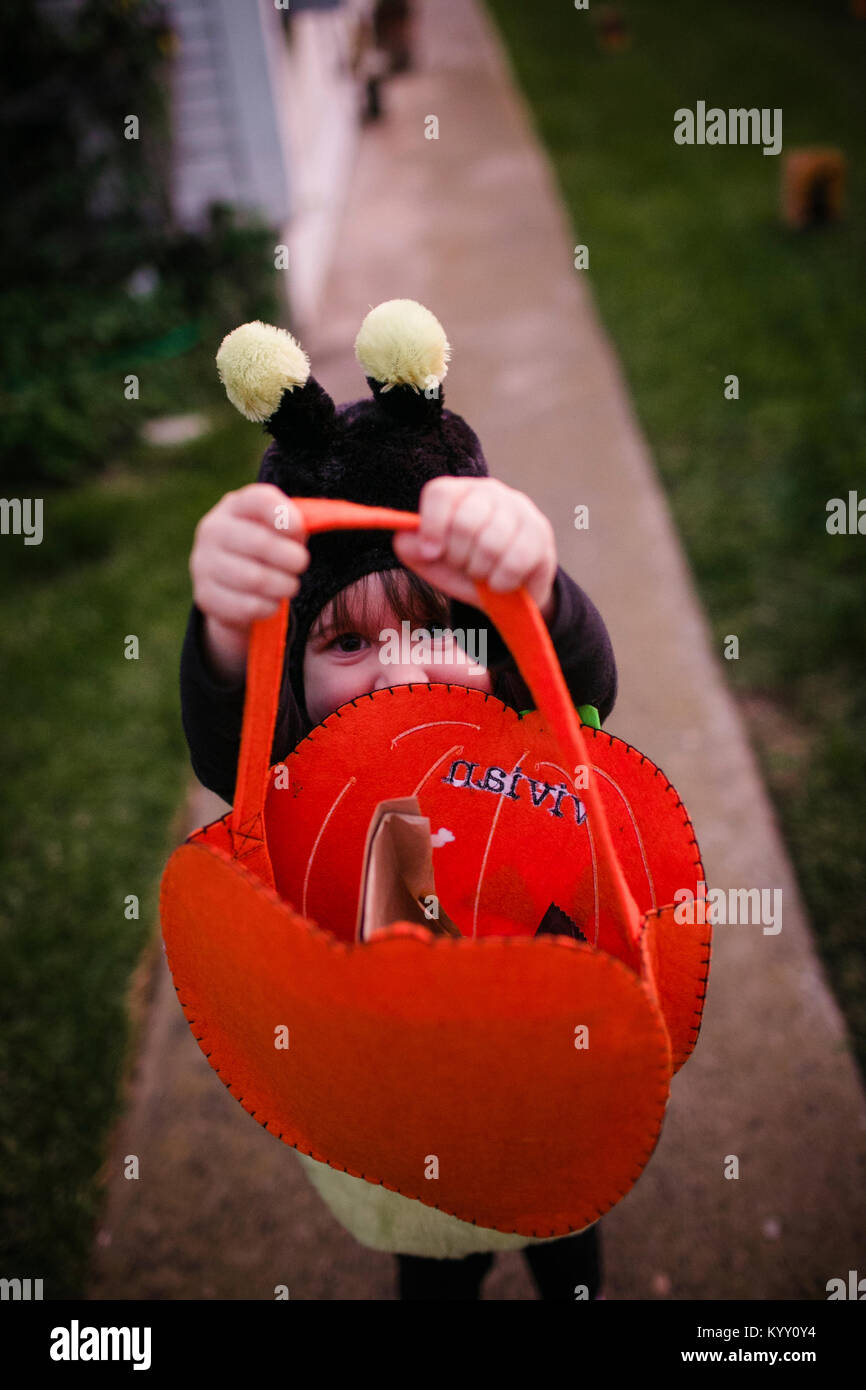 High angle portrait of girl wearing bee costume while holding trick or treat bag during Halloween Stock Photo
