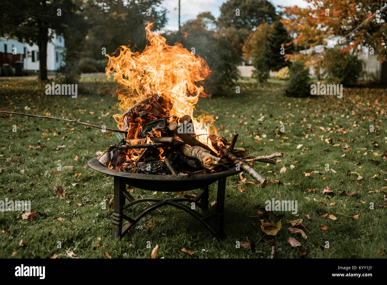 Wood burning in fire pit at yard Stock Photo Alamy