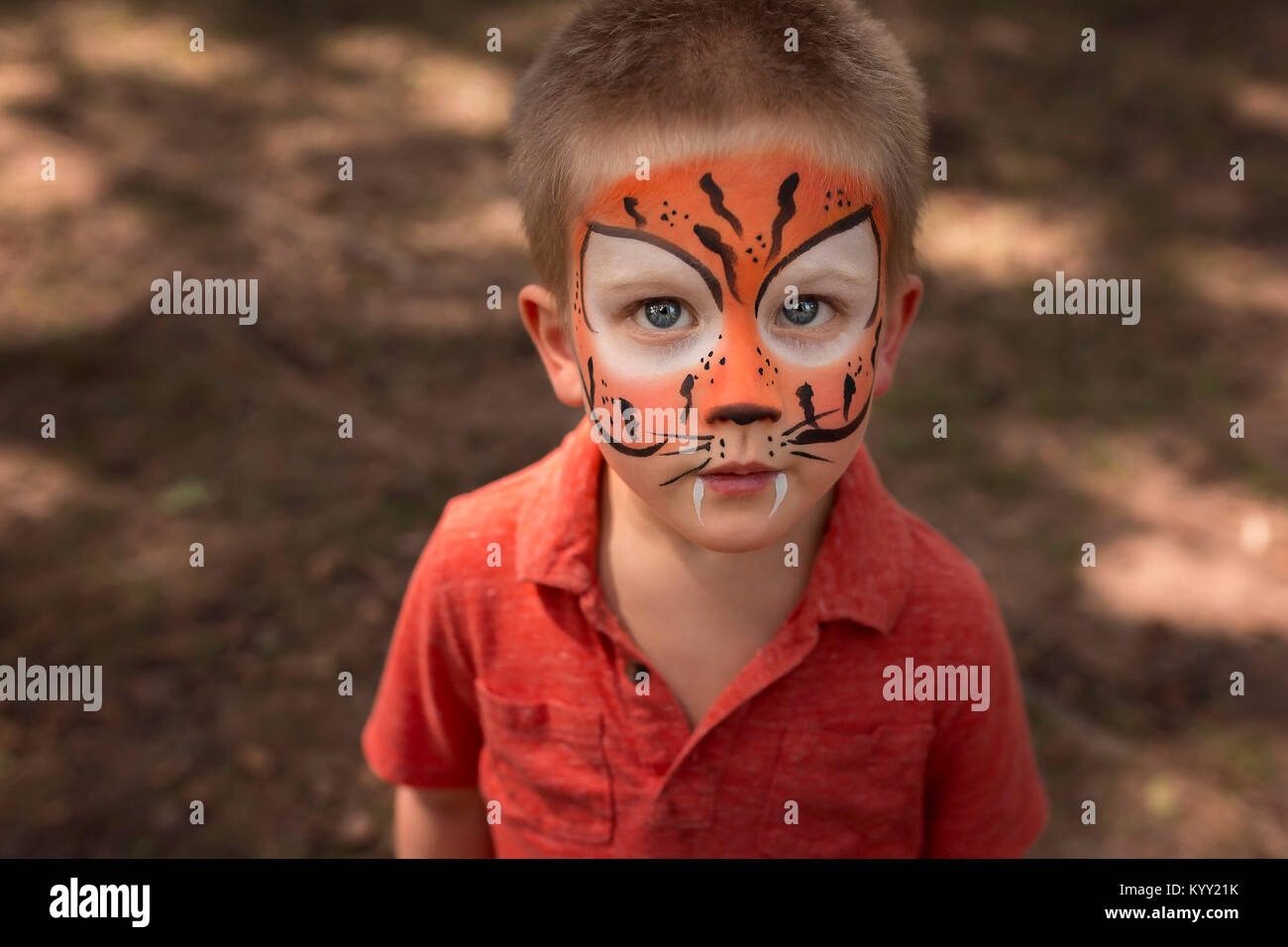 High angle portrait of confident boy with face paint Stock Photo