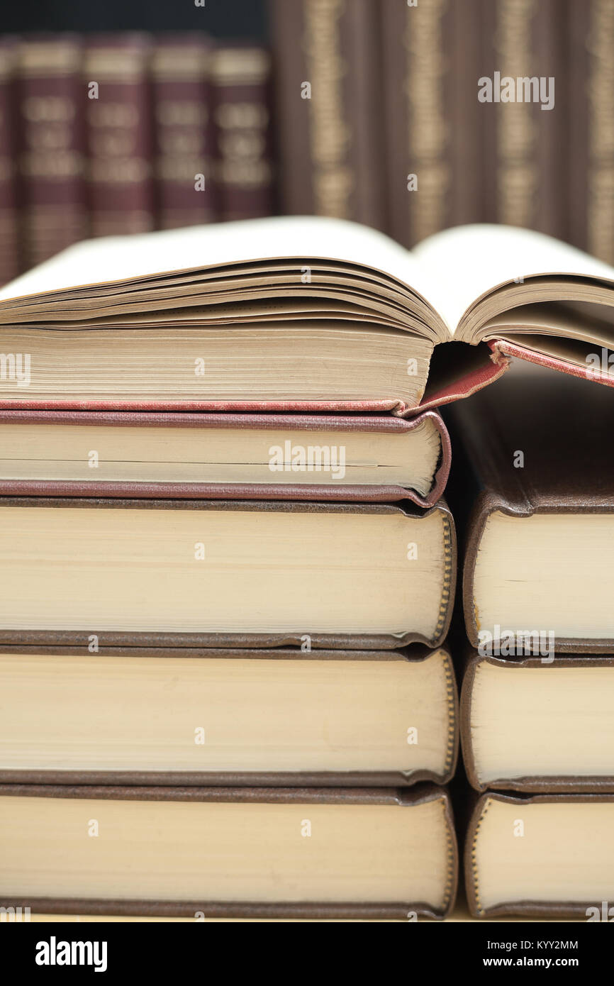 Extreme close-up of stack of old books Stock Photo