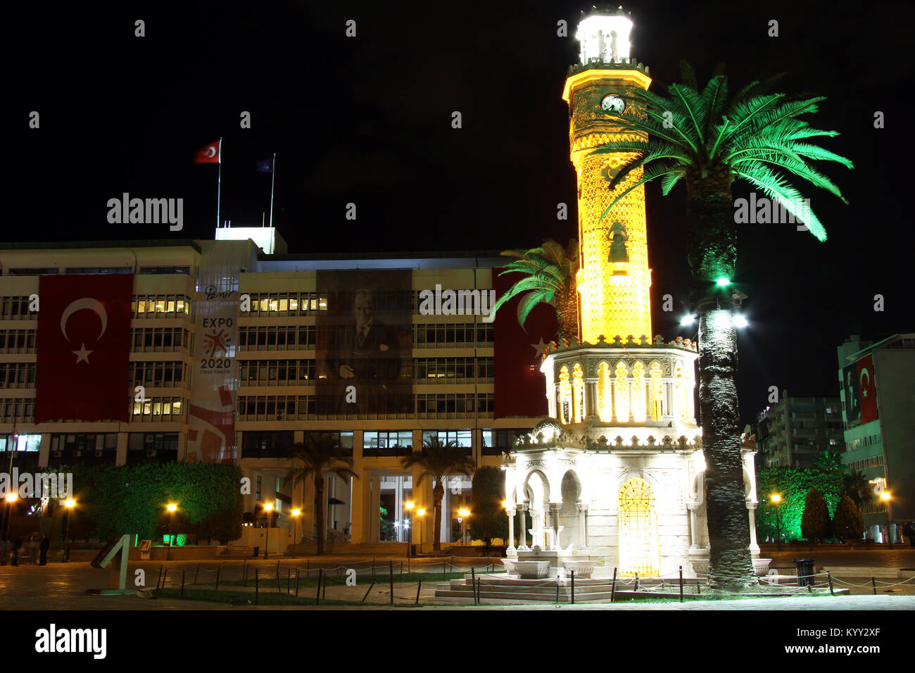 Square with clock tower in the center of Izmir, Turkey Stock Photo