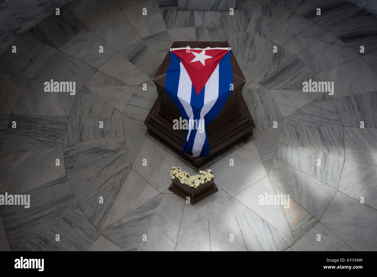High angle view of Cuban flag on coffin at Jose Marti Memorial Stock Photo